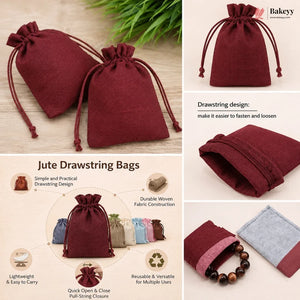 A collage showing burgundy jute drawstring pouches from Bakey kitchen accessories, with close-up views of the drawstring closure, folded storage, and a usage example holding a beaded bracelet.
