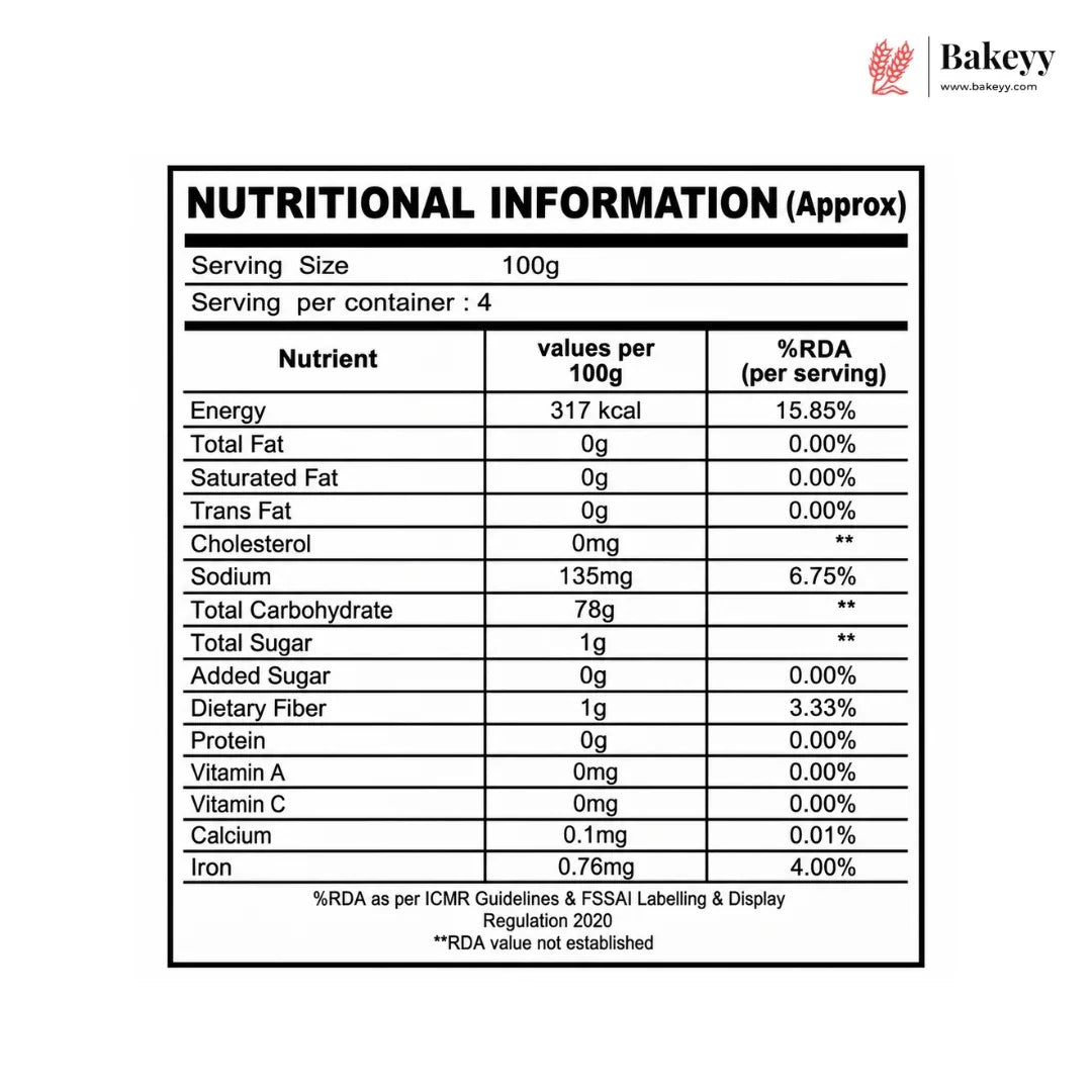 A Nutrition Facts label for a baked good, showing approximate nutritional information per 100g and serving size 4. The label is black and white with a Bakeey logo in the top right corner.