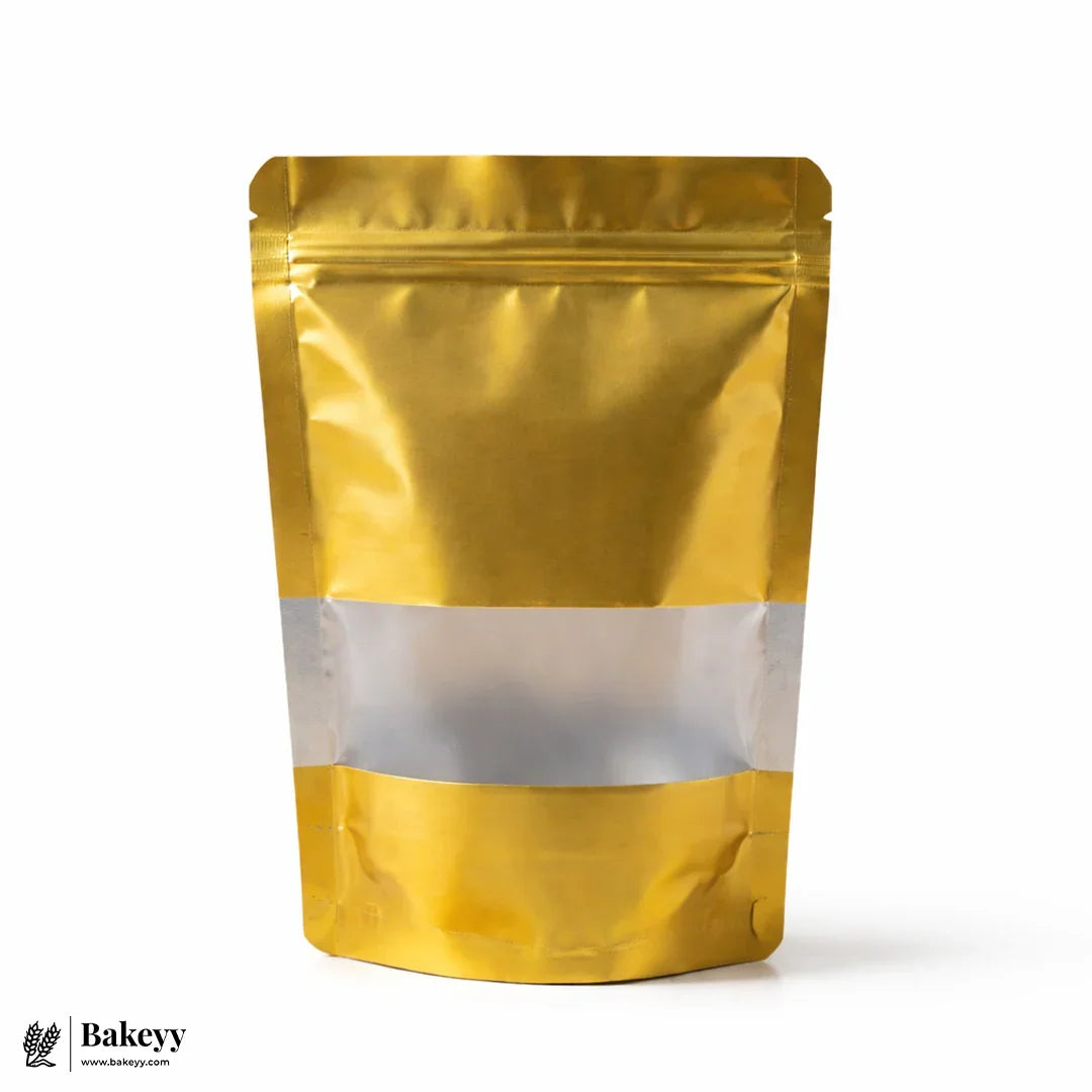 Zip Lock Pouch With Window - Stand Up | Colored - Bakeyy.com - India - Zip Lock Pouch With Window - Stand Up | Colored - 100g / Gold 370.00