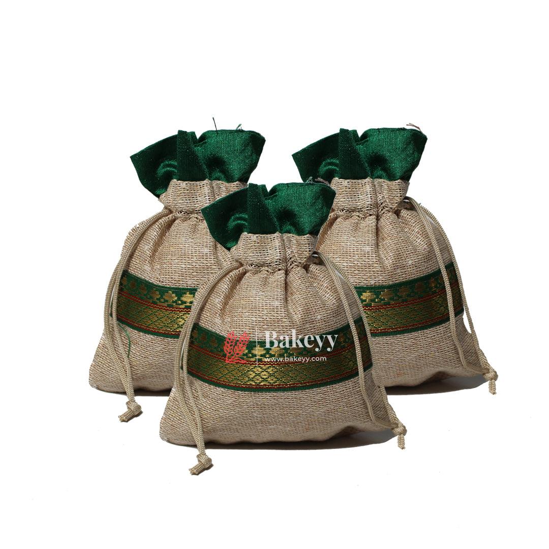 13x14 CM \ 5x6 inch| Elegant Jute  Green Drawstring Gift Bag | Drawstring Bags | Pack of 10