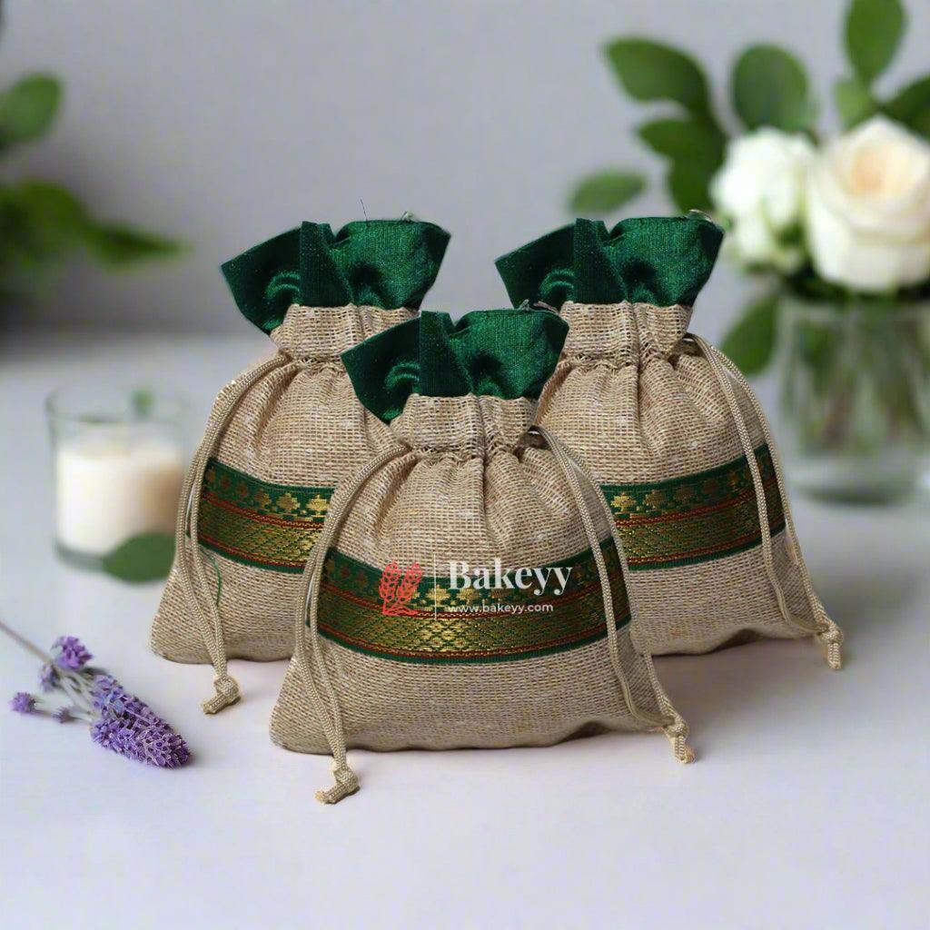 13x14 CM \ 5x6 inch| Elegant Jute  Green Drawstring Gift Bag | Drawstring Bags | Pack of 10