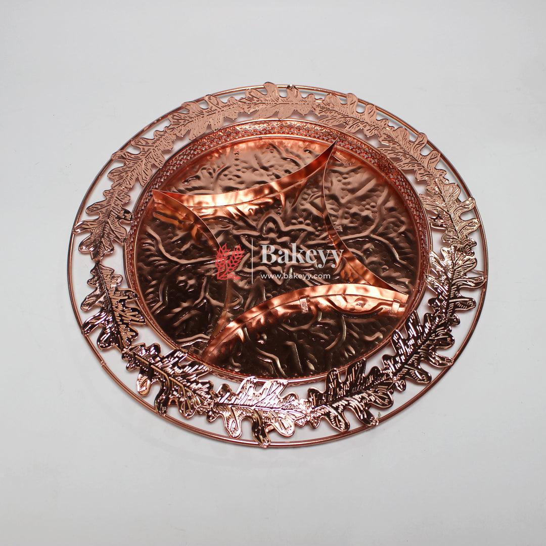10 inch |Luxurious Round Rose Gold-Plated Serving Tray with Intricate Design | Metal Dry Fruit Tray - Bakeyy.com - India - 10 inch |Luxurious Round Rose Gold-Plated Serving Tray with Intricate Design | Metal Dry Fruit Tray - Default Title