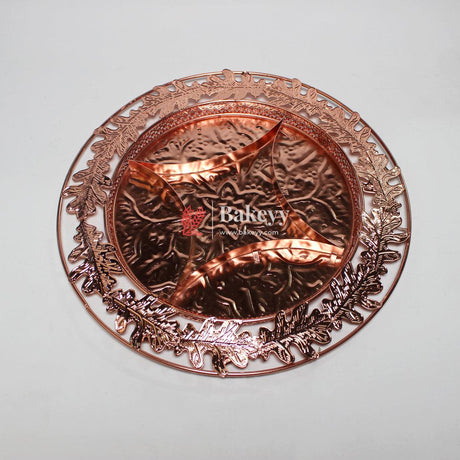 10 inch |Luxurious Round Rose Gold-Plated Serving Tray with Intricate Design | Metal Dry Fruit Tray - Bakeyy.com - India - 10 inch |Luxurious Round Rose Gold-Plated Serving Tray with Intricate Design | Metal Dry Fruit Tray - Default Title