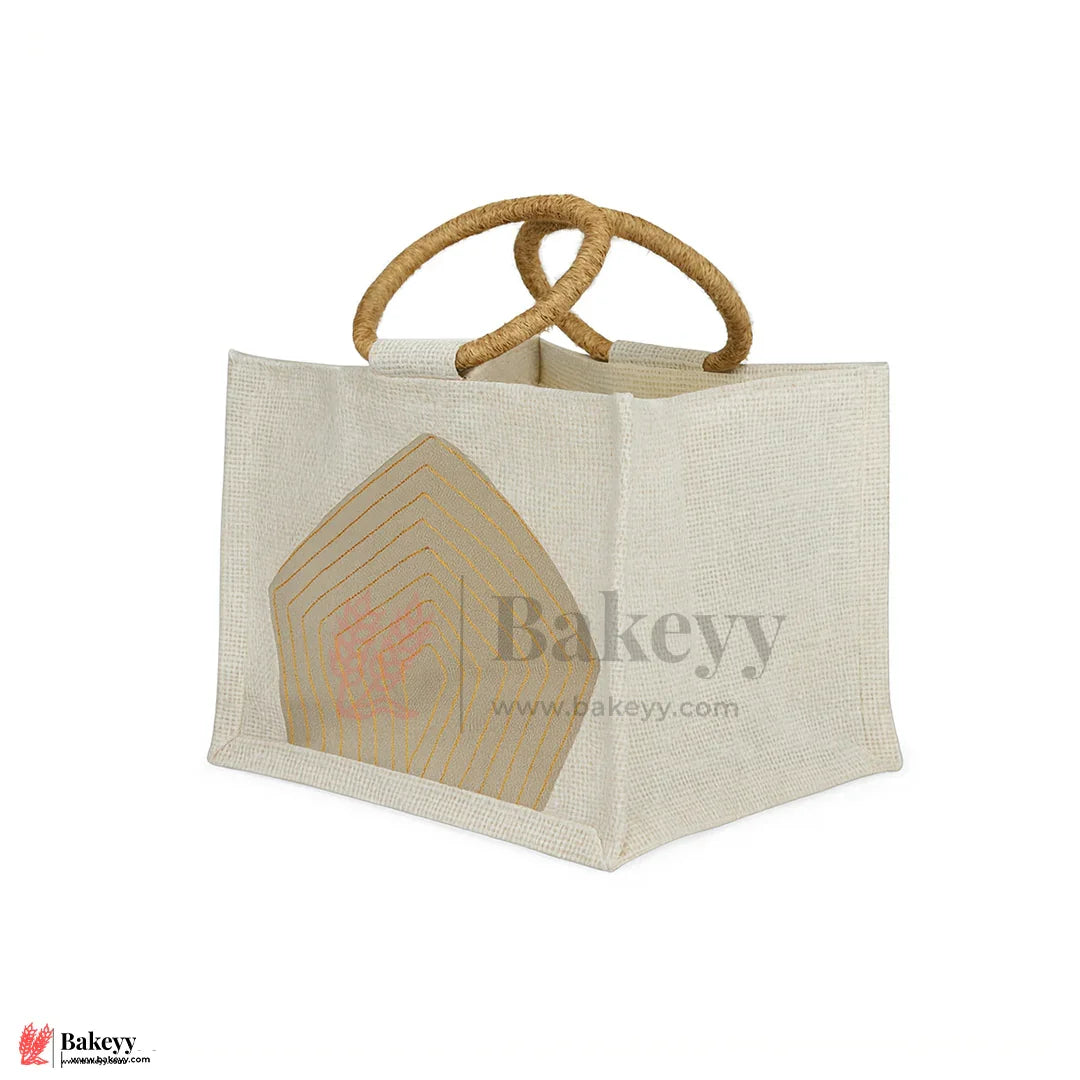 22x21x15 cm Beige & Cream Jute Gift Bag with Transparent Window & Round Handles Pack Of 1