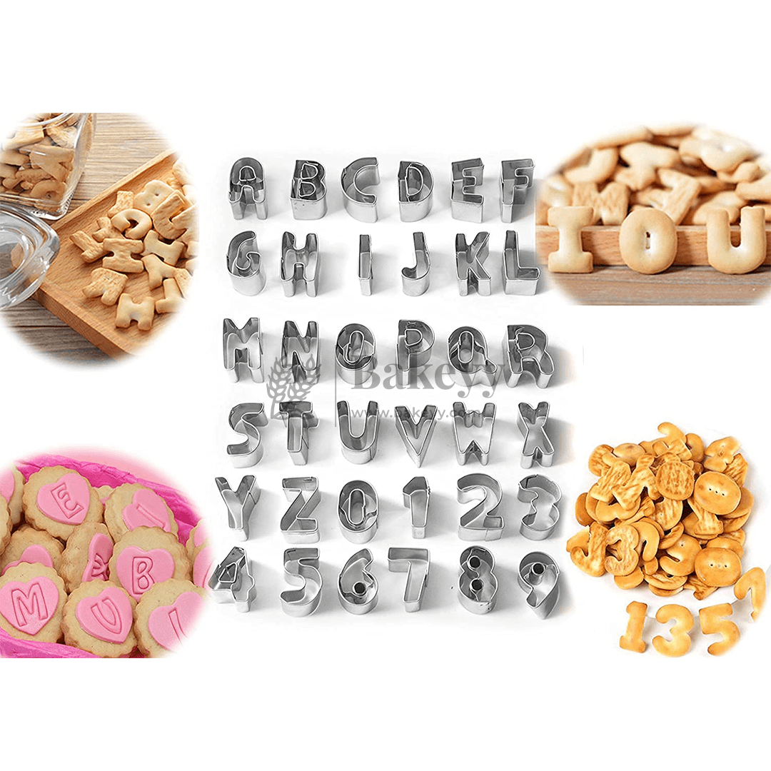 Alphabet and Number Cookies Cutter Set of 36 - Bakeyy.com - India - Alphabet and Number Cookies Cutter Set of 36 - Small