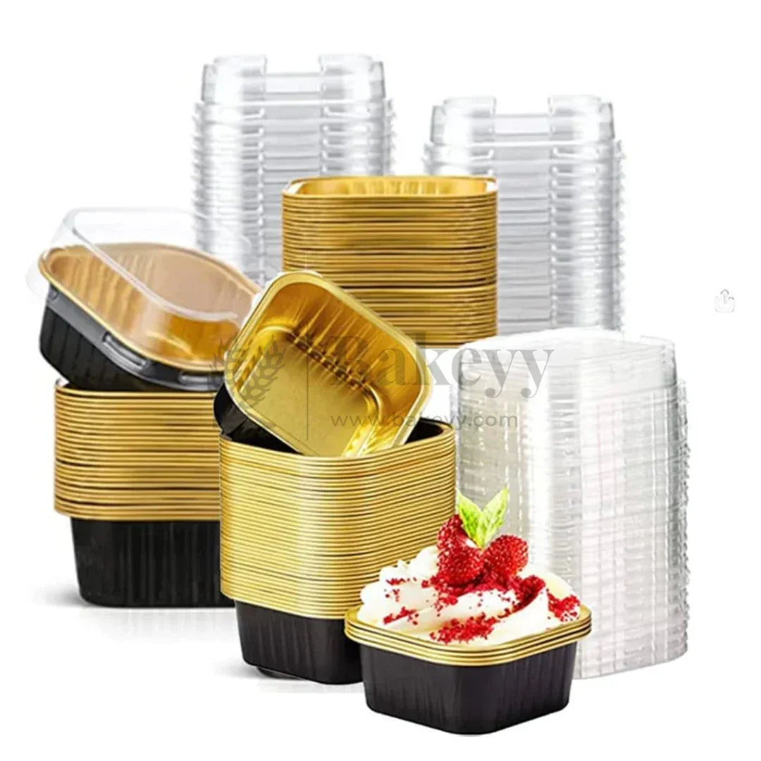 Aluminum Foil Baking Containers with Transparent Lid | Square Tins | Bake N Serve | Pack of 100 - Bakeyy.com - India - Aluminum Foil Baking Containers with Transparent Lid | Square Tins | Bake N Serve | Pack of 100 - Black / 300 ml