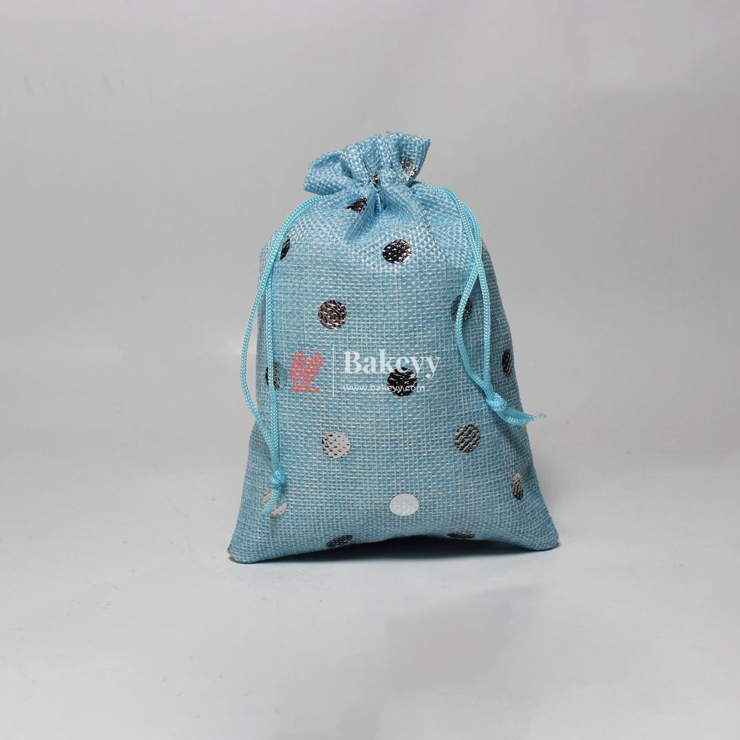 Sky Blue With Silver Dots Premium Colour Jute Potli Bags | Pack Of 10