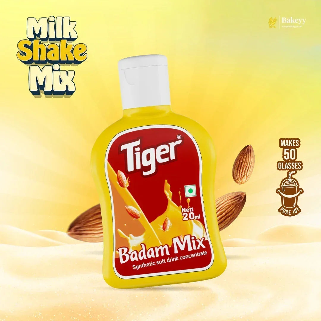 Bottle of Tiger Badam Mix shake mix on a yellow background