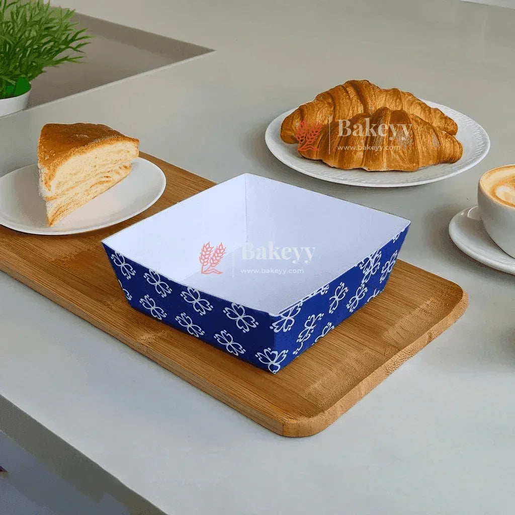 Brownie Bake N Serve Paper Trays | Pack of 50 | Floral Print Square Cups in Red, Blue & Brown for Elegant Baking & Serving - Bakeyy.com - India - Brownie Bake N Serve Paper Trays | Pack of 50 | Floral Print Square Cups in Red, Blue & Brown for Elegant Baking & Serving - Blue