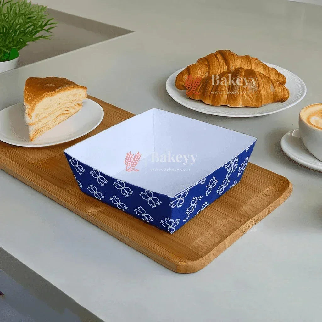 Brownie Bake N Serve Paper Trays | Pack of 50 | Floral Print Square Cups in Red, Blue & Brown for Elegant Baking & Serving - Bakeyy.com - India - Brownie Bake N Serve Paper Trays | Pack of 50 | Floral Print Square Cups in Red, Blue & Brown for Elegant Baking & Serving - Blue