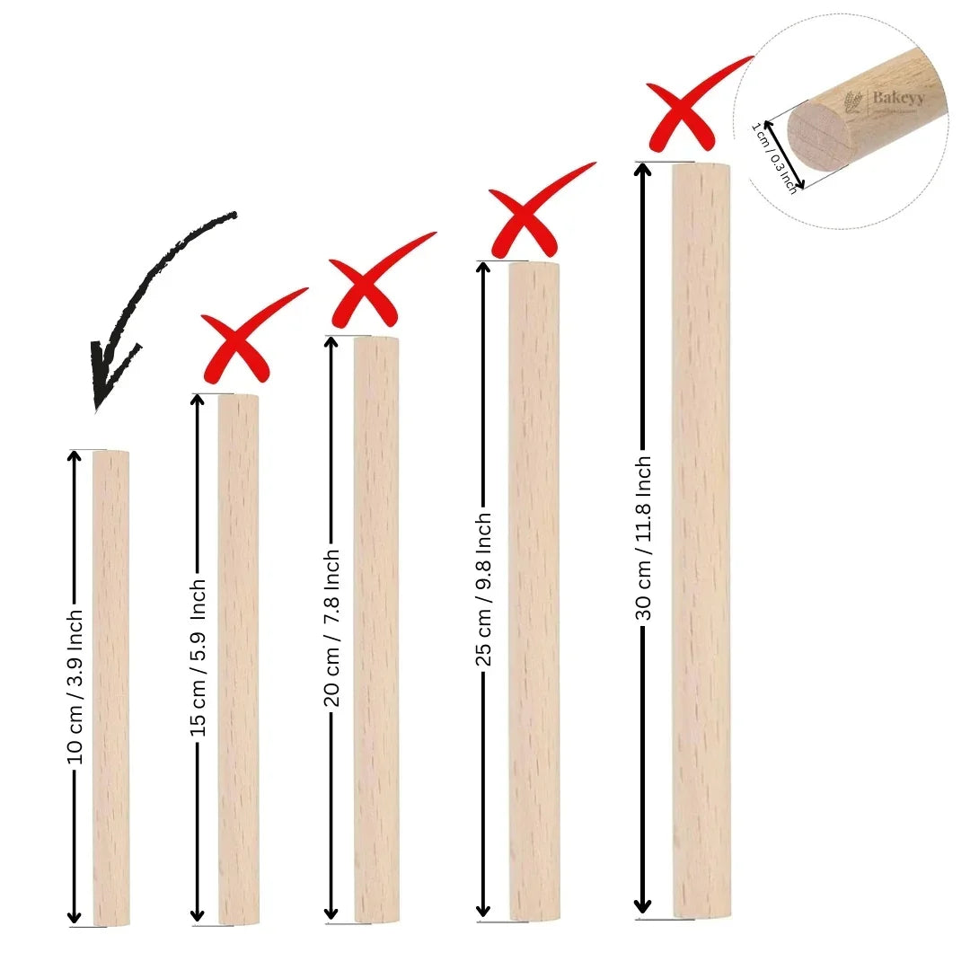Bakeyy bamboo dowel size guide with 10cm baking dowel highlighted for hampers or cake support