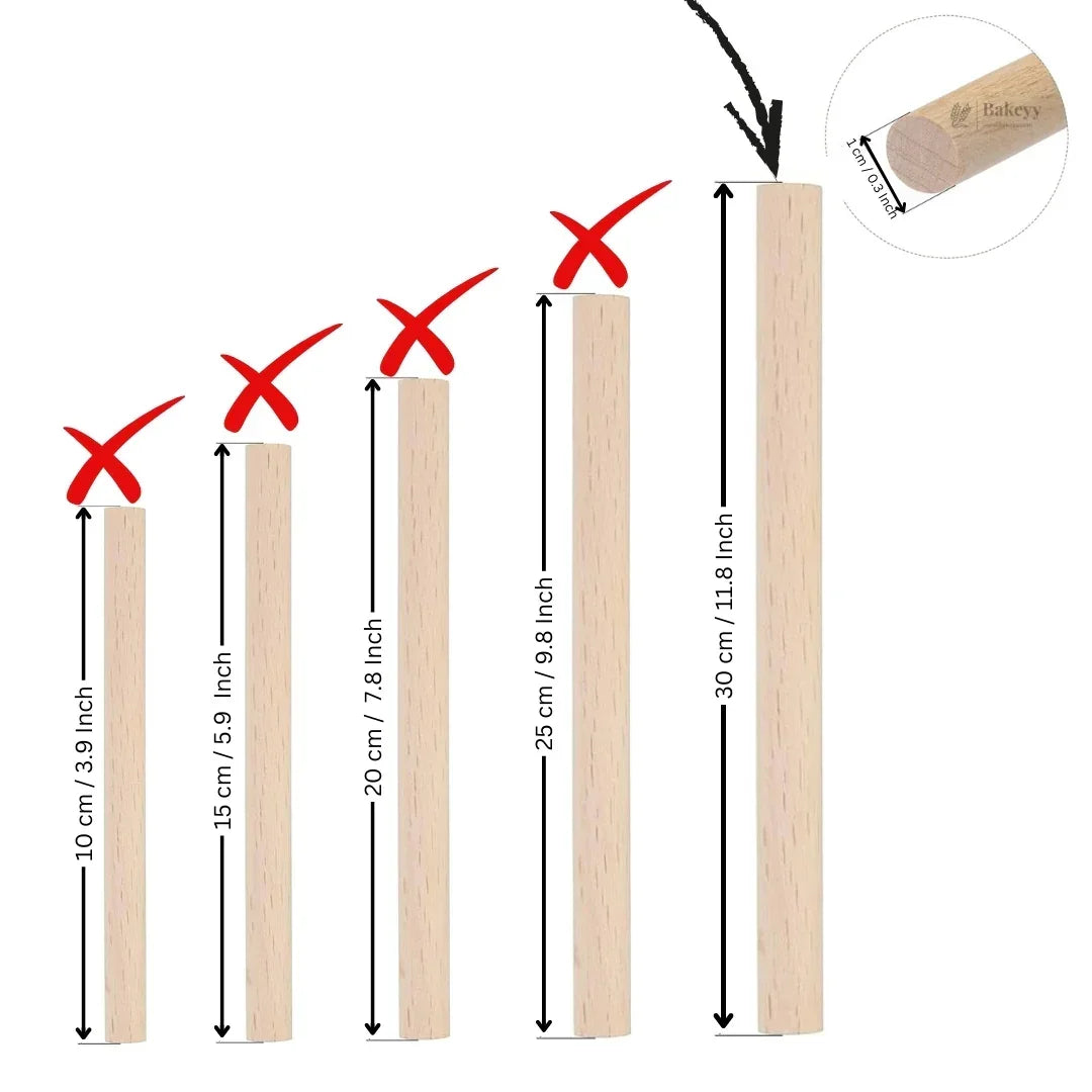 Bakeyy 30 cm bamboo dowel, ideal for baking and cake support, shown with size comparison.