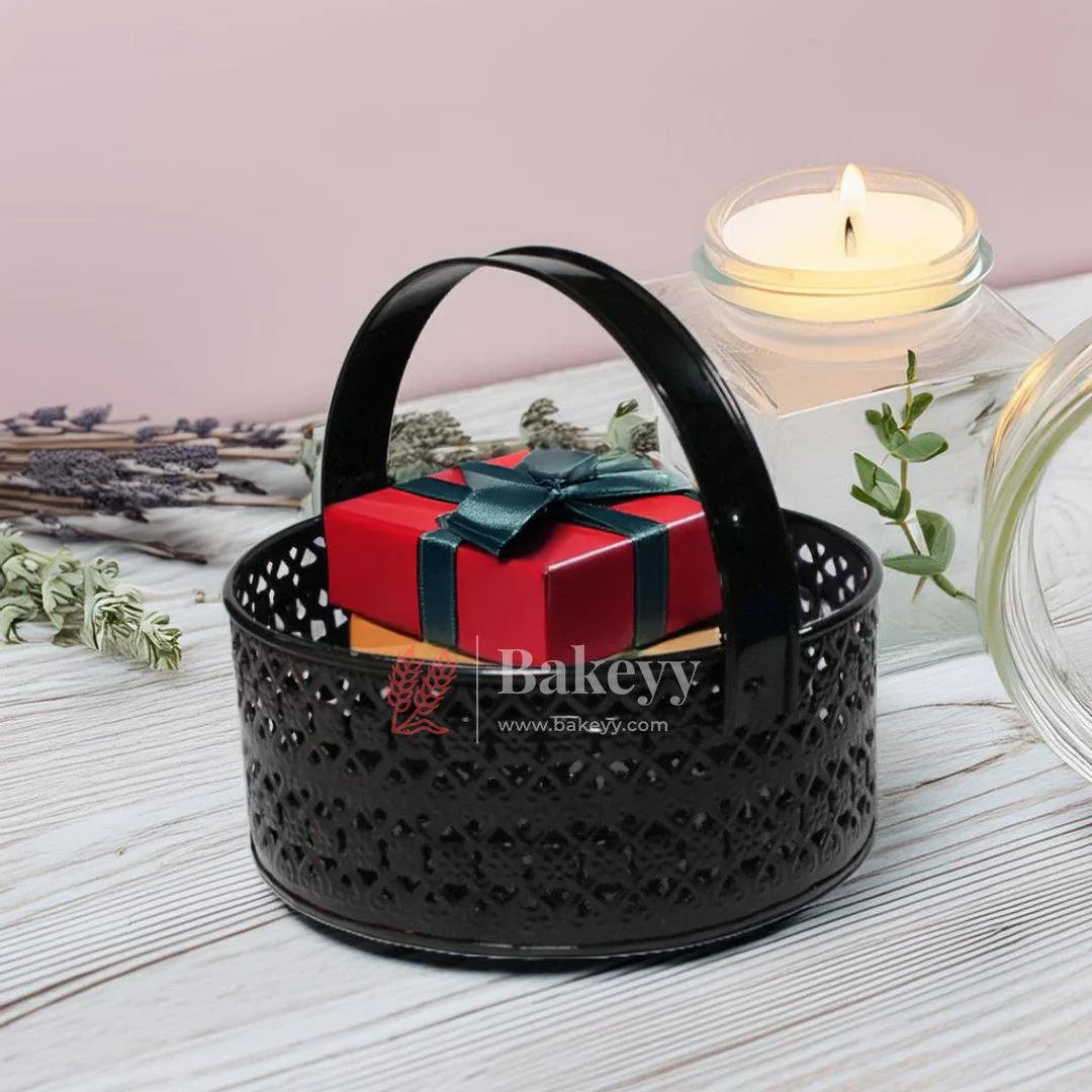 Hamper Basket For Gifting Round | Elegant & Durable Black Metal Hamper Basket with Handle | Black Colour - Bakeyy.com - India - Hamper Basket For Gifting Round | Elegant & Durable Black Metal Hamper Basket with Handle | Black Colour - Default Title