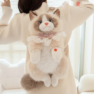 Person wearing a beige sweater with a plush cat backpack
Cute Plush Cat Backpack | Meow Sound Interactive | Wearable Storage Soft Backpack Toy | Pack of 1