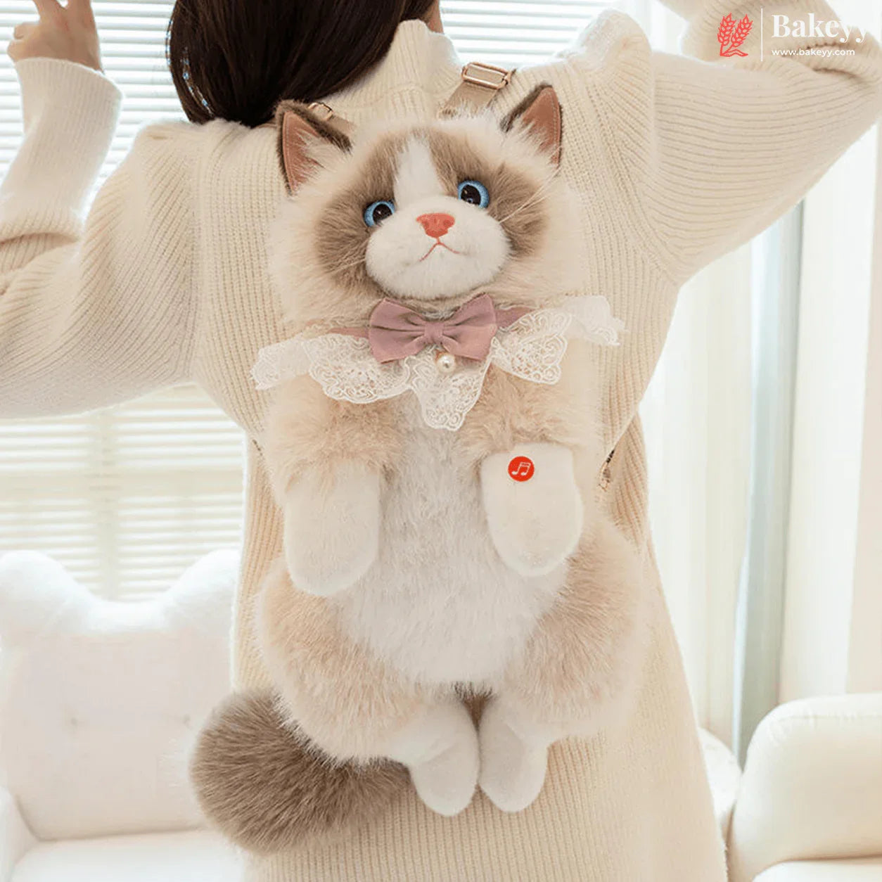 Person wearing a beige sweater with a plush cat backpack
Cute Plush Cat Backpack | Meow Sound Interactive | Wearable Storage Soft Backpack Toy | Pack of 1