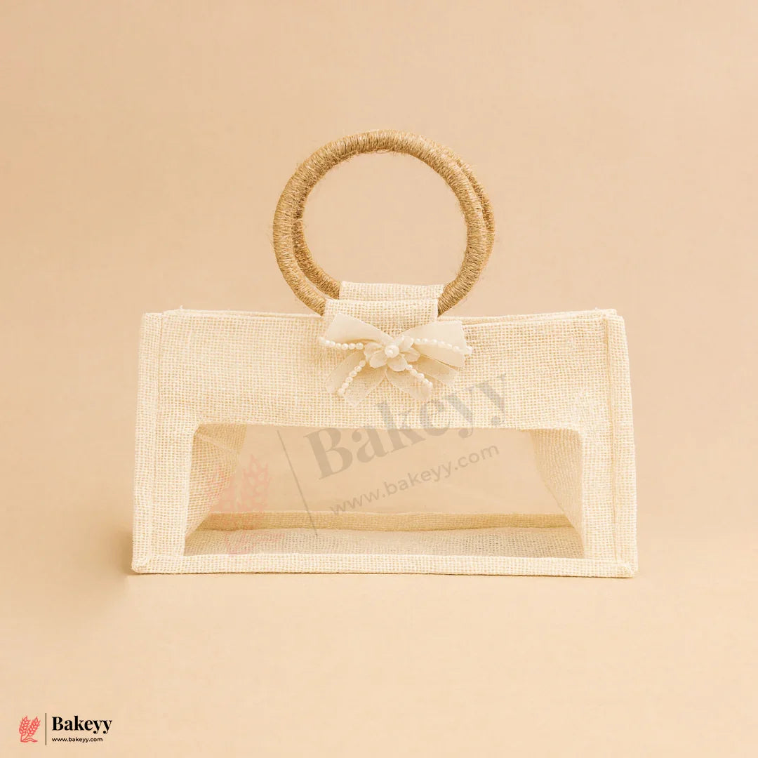 11x4x6 inch 3 Jar Premium Empty Jute Gift Bag with Window & Round Handle – Elegant Bow Design – Pack Of 1