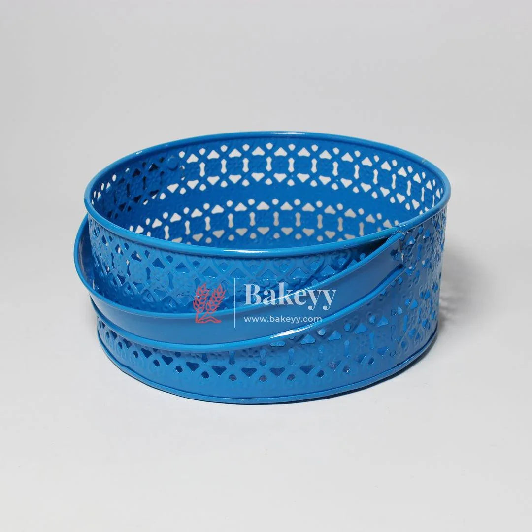 Hamper Basket For Gifting Round | Elegant & Durable Blue Metal Hamper Basket with Handle | Blue Colour - Bakeyy.com - India - Hamper Basket For Gifting Round | Elegant & Durable Blue Metal Hamper Basket with Handle | Blue Colour - Default Title