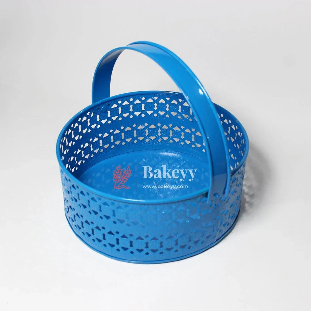 Hamper Basket For Gifting Round | Elegant & Durable Blue Metal Hamper Basket with Handle | Blue Colour - Bakeyy.com - India - Hamper Basket For Gifting Round | Elegant & Durable Blue Metal Hamper Basket with Handle | Blue Colour - Default Title
