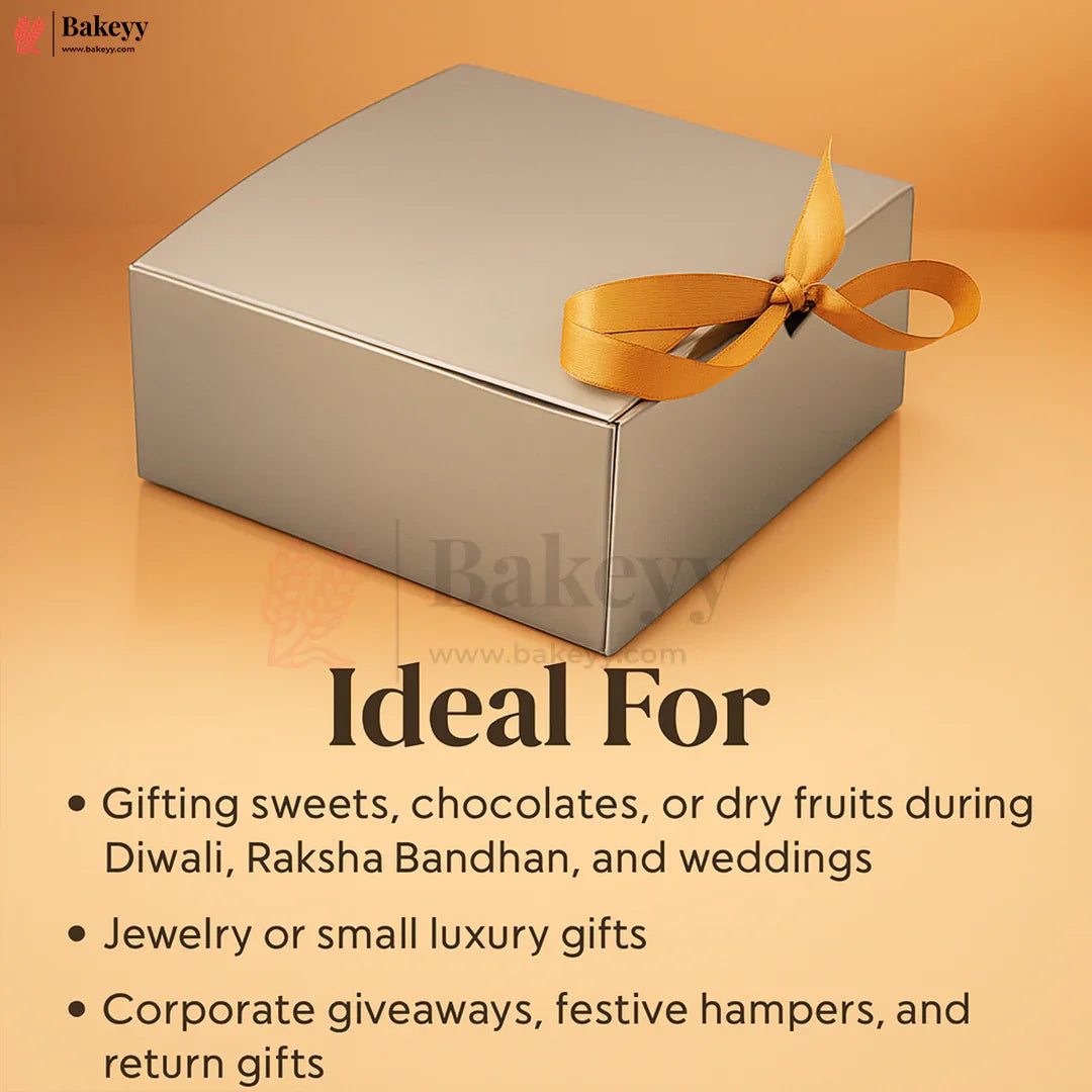 4.5x4.5x2 inch Premium Silver Square Gift Box with Golden Ribbon| Pack of 10