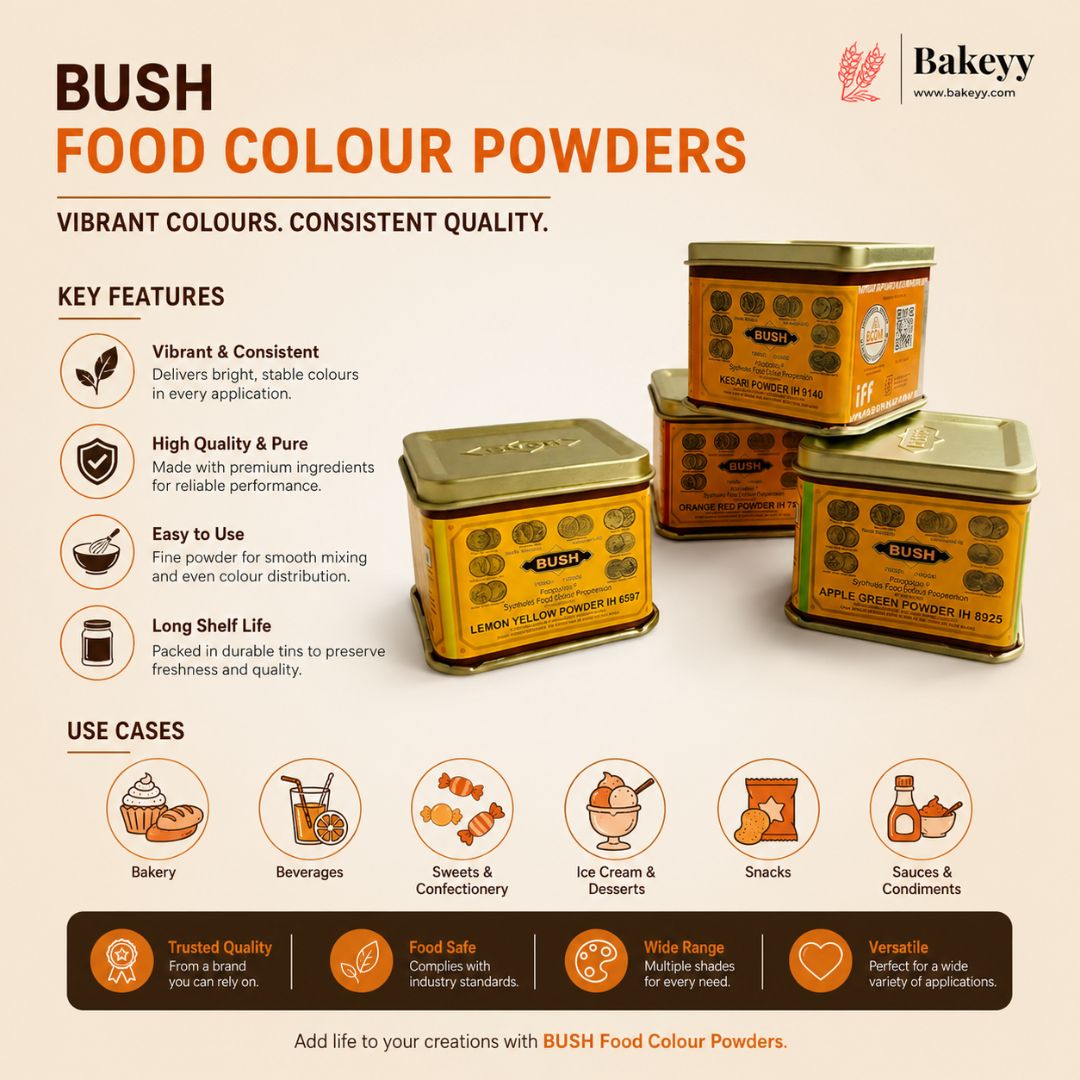 Advertisement for Bush food color powders with product packaging and key features listed.