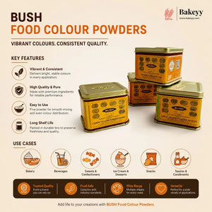 Advertisement for Bush food color powders with product packaging and key features listed.
