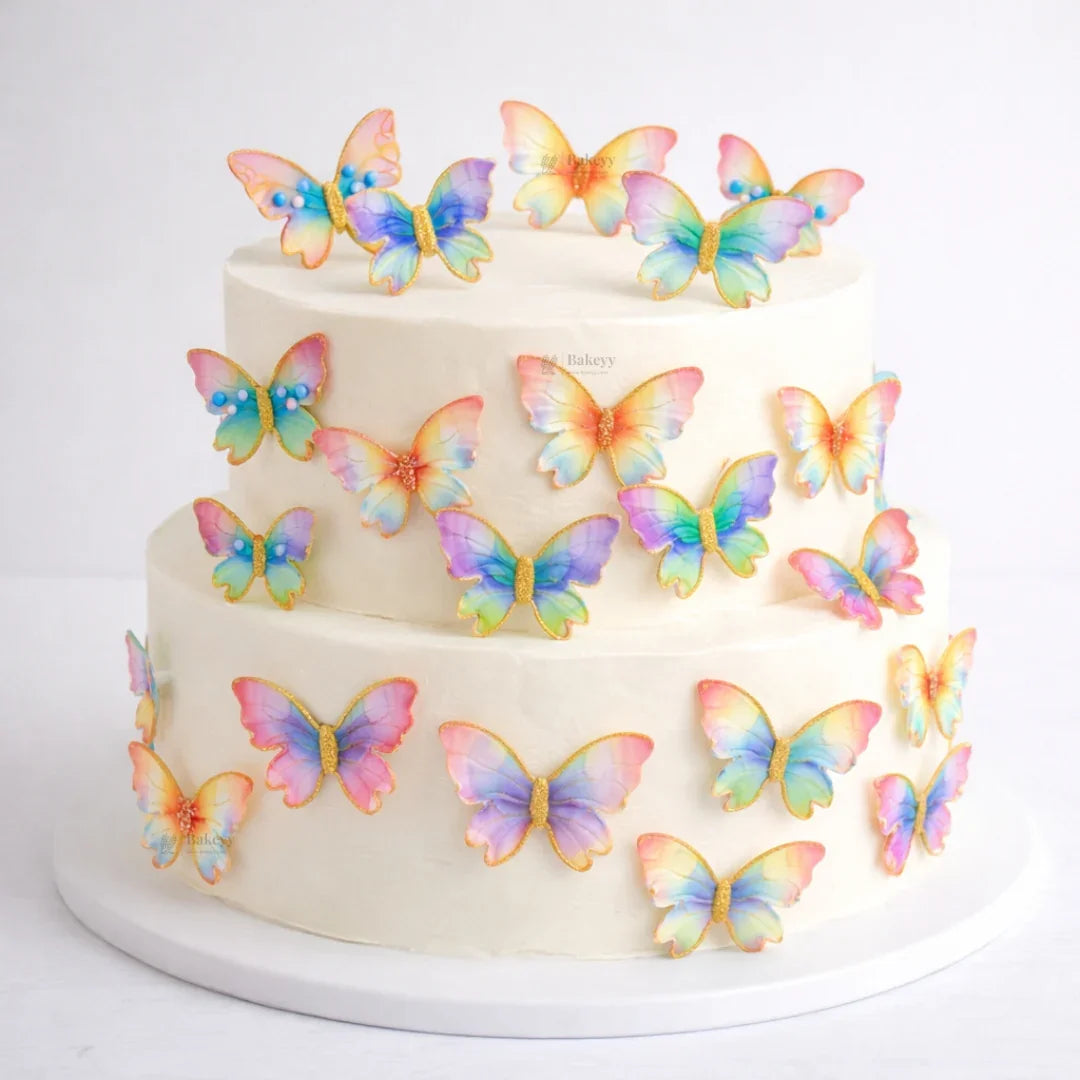 Rainbow Butterfly Cake Toppers with Gold Glitter Detailing | Elegant Decoration for Cakes, Cupcakes & Desserts | Pack of 10