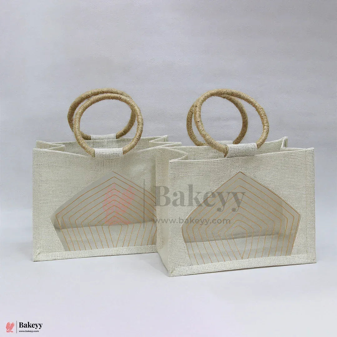 22x10.5x15 cm Beige & Cream Jute Gift Bag with Transparent Window & Round Handles Pack Of 1