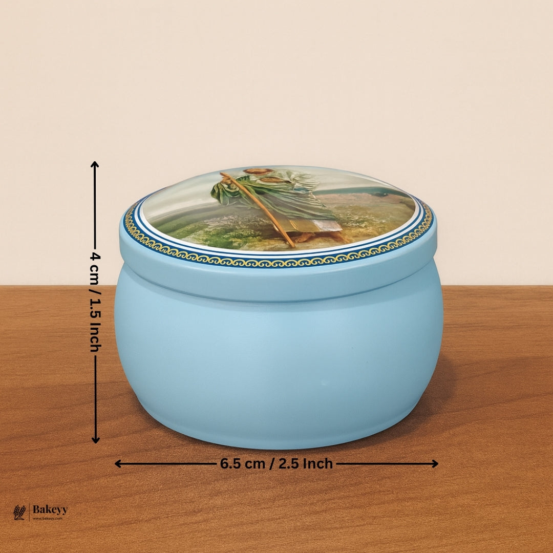 Printed Candle Tin Boxes | Jesus & Mother Mary Round Tin Container | Pack of 12