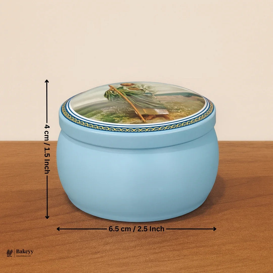 Printed Candle Tin Boxes | Jesus & Mother Mary Round Tin Container | Pack of 12