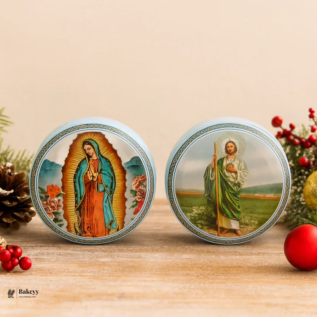 Printed Candle Tin Boxes | Jesus & Mother Mary Round Tin Container | Pack of 12
