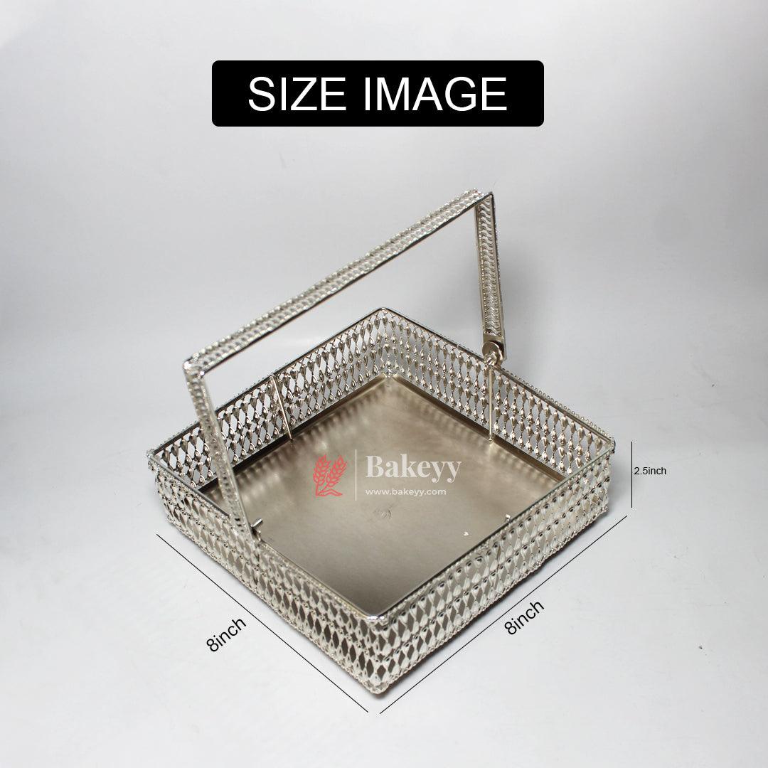 8 Inch Elegant Silver-Plated Square Basket with Handle | Premium Multipurpose Decorative Tray - Bakeyy.com - India - 8 Inch Elegant Silver-Plated Square Basket with Handle | Premium Multipurpose Decorative Tray - Default Title