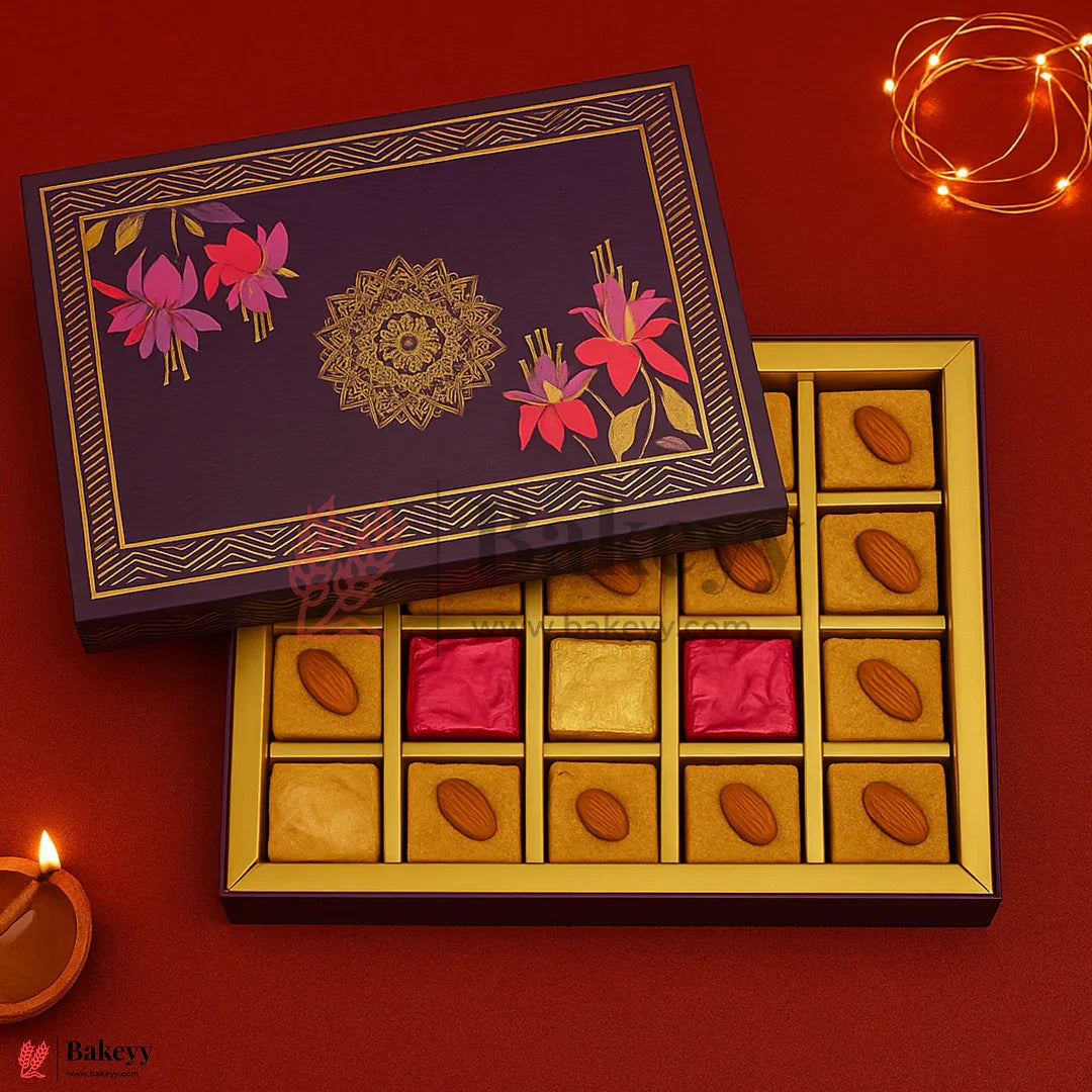 One Kg Sweet Box | 10.5x7.5x1.5 Inch | Royal Blue Floral Sweet Box with Golden Tray 1 Piece - Bakeyy.com - India - One Kg Sweet Box | 10.5x7.5x1.5 Inch | Royal Blue Floral Sweet Box with Golden Tray 1 Piece - Default Title