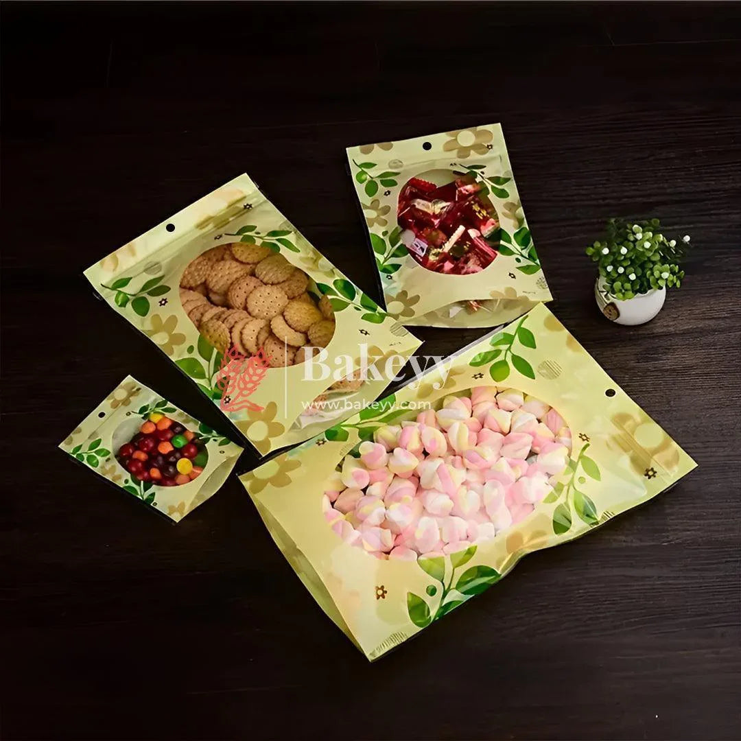 1Kg |25.5x18Cm| Floral Design Stand-Up Pouches with Clear Window - Bakeyy.com - India - 1Kg |25.5x18Cm| Floral Design Stand-Up Pouches with Clear Window - Pack Of 100