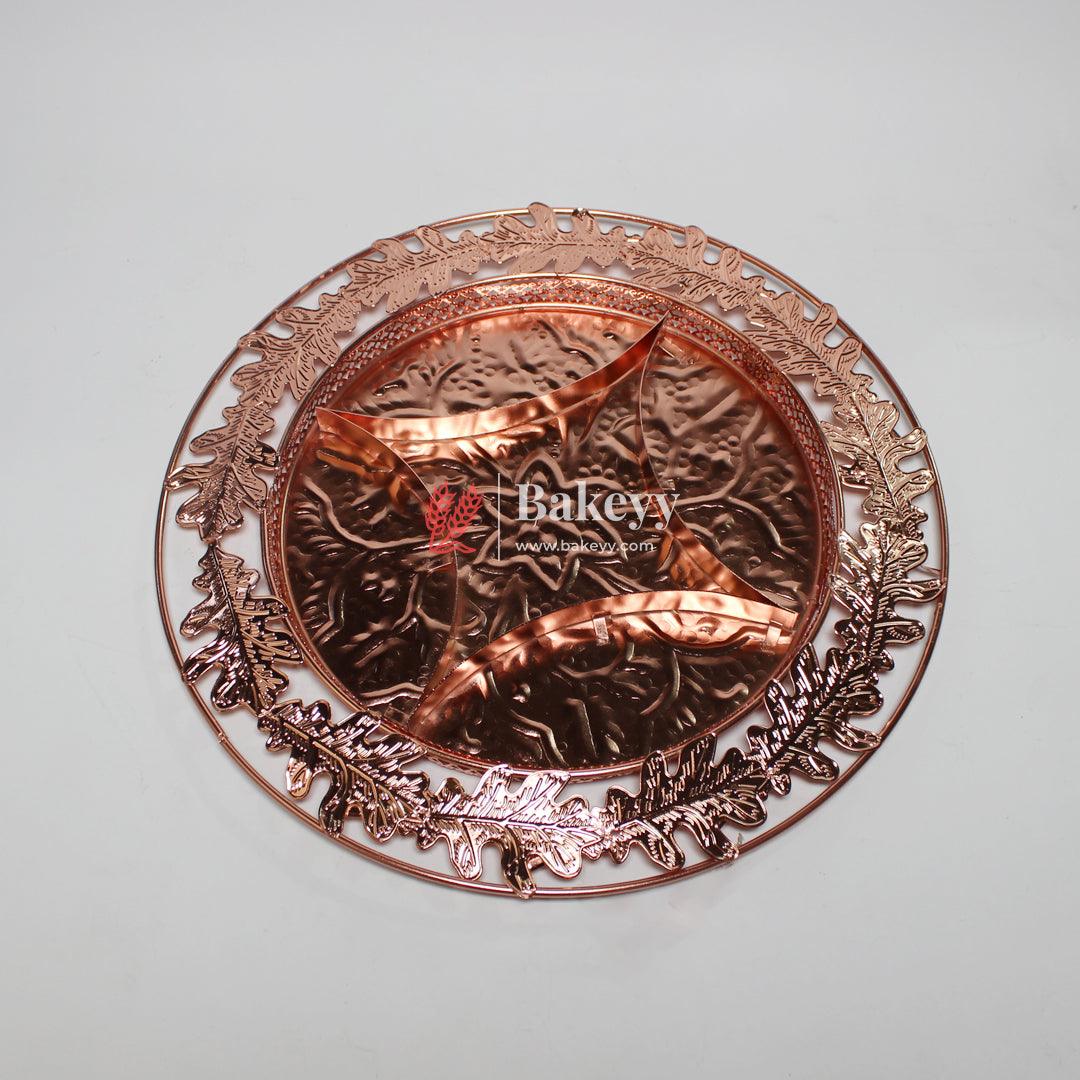 10 inch |Luxurious Round Rose Gold-Plated Serving Tray with Intricate Design | Metal Dry Fruit Tray - Bakeyy.com - India - 10 inch |Luxurious Round Rose Gold-Plated Serving Tray with Intricate Design | Metal Dry Fruit Tray - Default Title