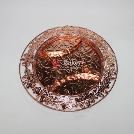 10 inch |Luxurious Round Rose Gold-Plated Serving Tray with Intricate Design | Metal Dry Fruit Tray - Bakeyy.com - India - 10 inch |Luxurious Round Rose Gold-Plated Serving Tray with Intricate Design | Metal Dry Fruit Tray - Default Title