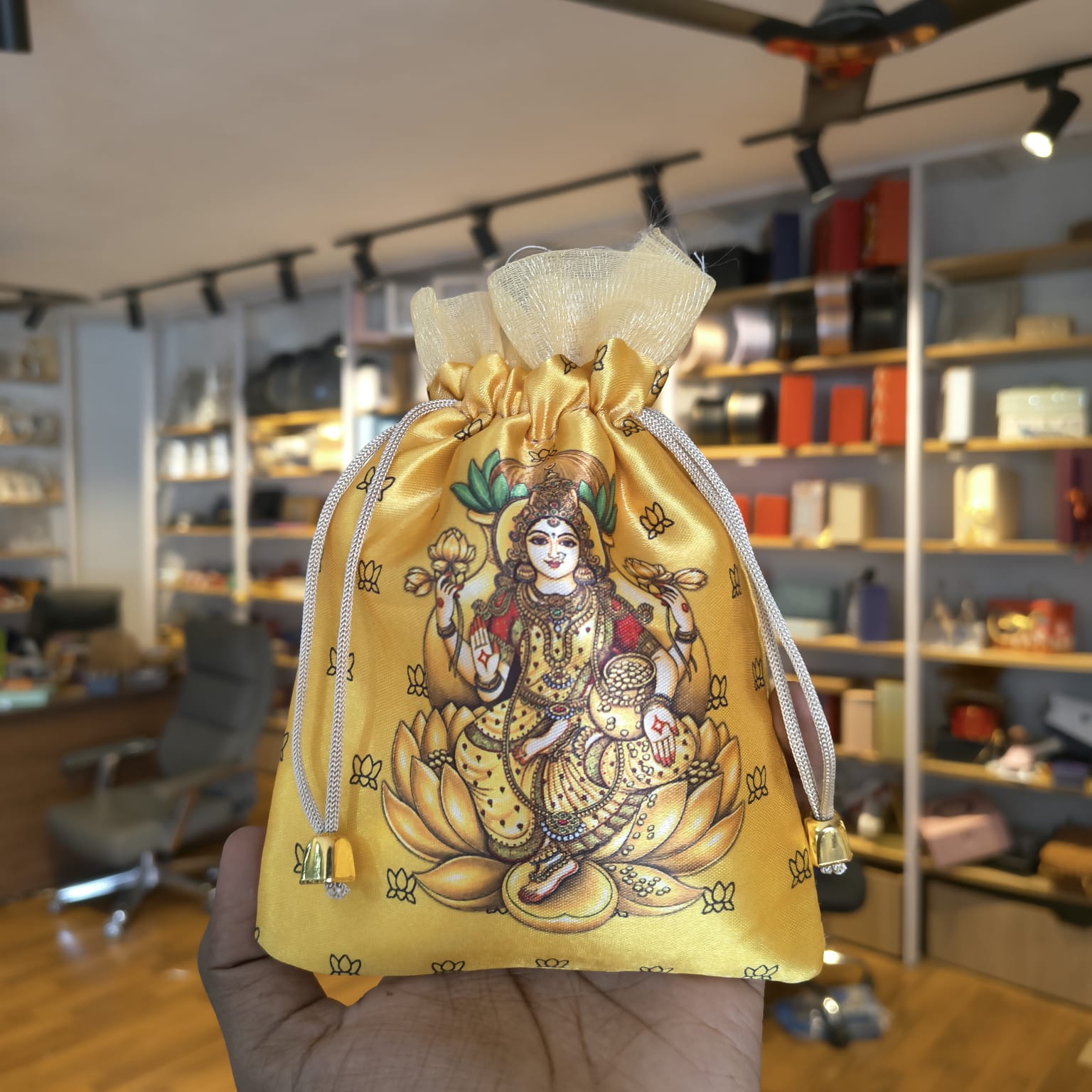 Lakshmi Print Drawstring Potli Gift Bag | Satin Finish with Organza Top | Pack of 10