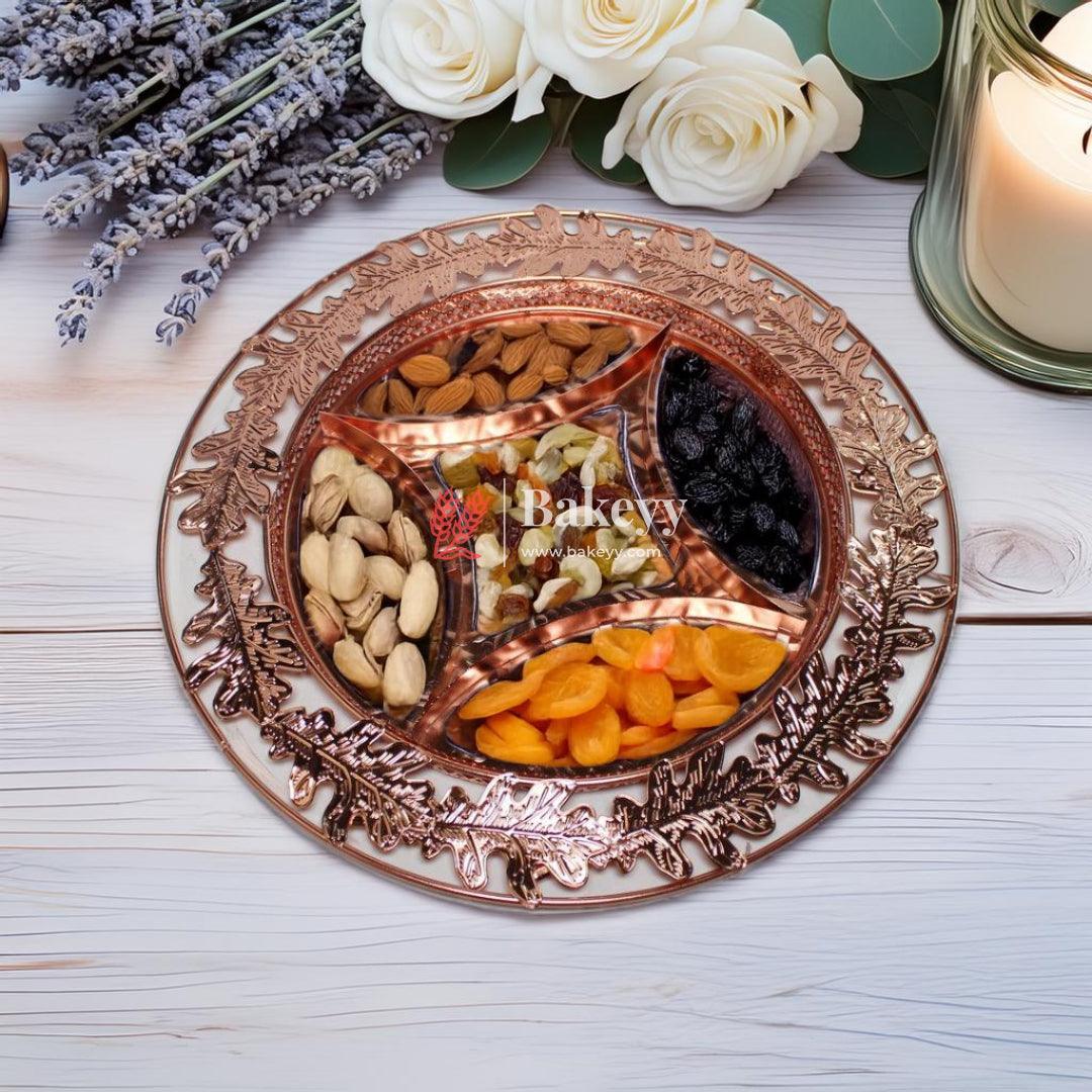 10 inch |Luxurious Round Rose Gold-Plated Serving Tray with Intricate Design | Metal Dry Fruit Tray - Bakeyy.com - India - 10 inch |Luxurious Round Rose Gold-Plated Serving Tray with Intricate Design | Metal Dry Fruit Tray - Default Title