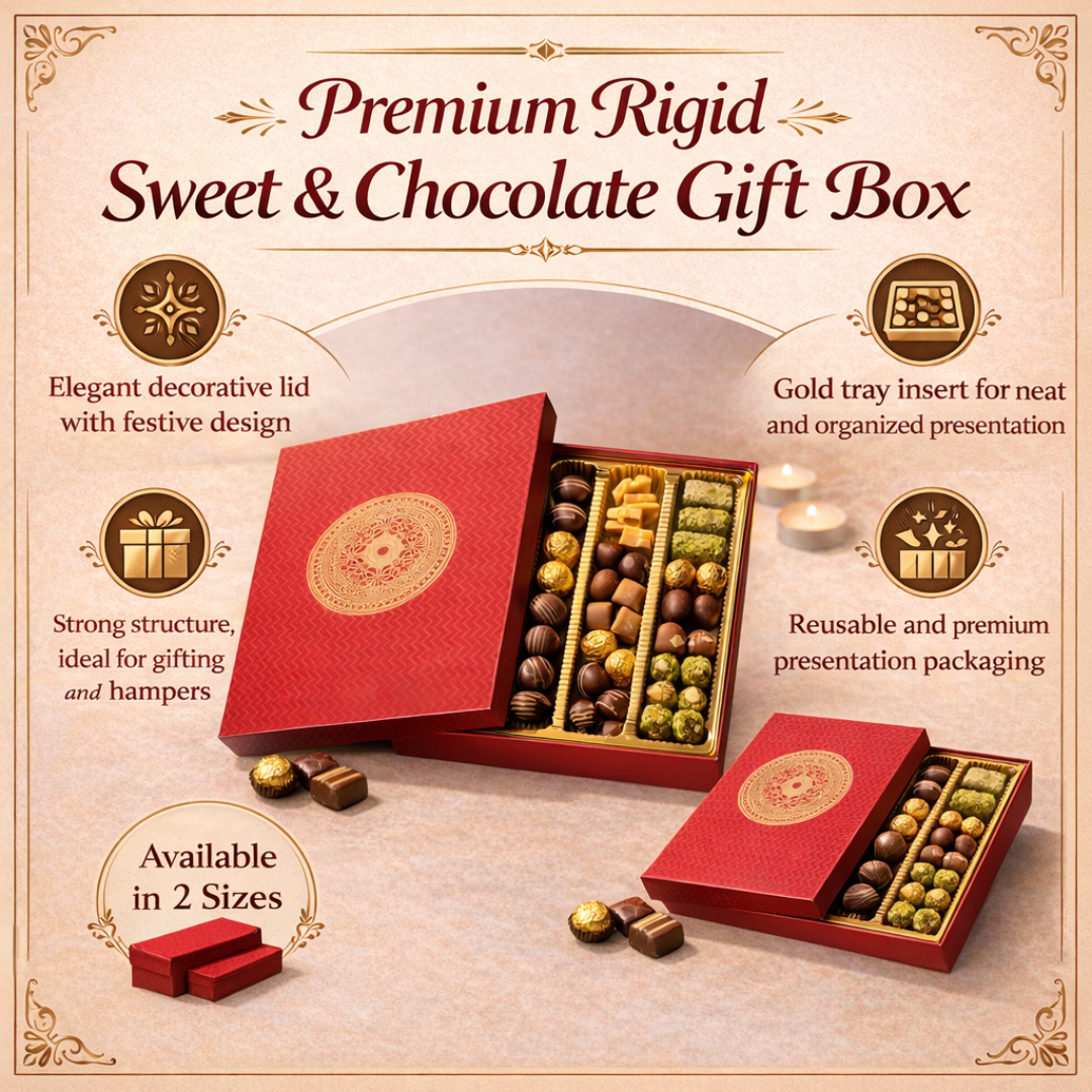 Premium rigid gift box with decorative lid
Gold tray partitions for neat arrangement
Suitable for chocolates, mithai, truffles, and dry fruits
Strong structure and premium finish
Perfect for festive and luxury gifting