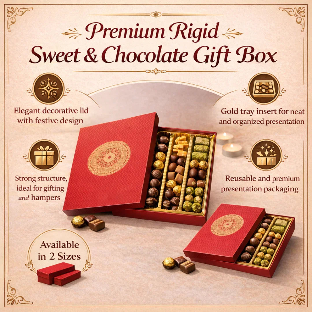Premium rigid gift box with decorative lid
Gold tray partitions for neat arrangement
Suitable for chocolates, mithai, truffles, and dry fruits
Strong structure and premium finish
Perfect for festive and luxury gifting