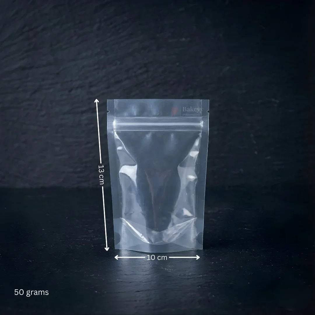 Clear standing pouch 13x10 cm for 50 grams, Bakeyy wholesale packaging supply
