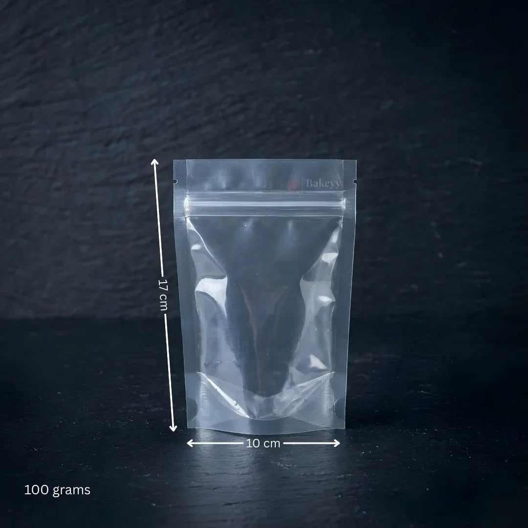 Clear standing pouch 17x10 cm for 100 grams, zipper seal, Bakeyy bakery packaging.