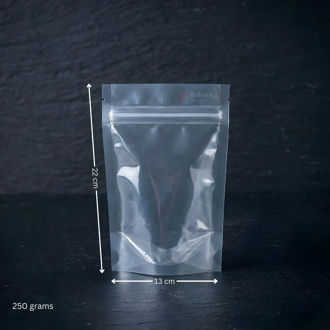 Clear standing pouch 250 grams, 22x13 cm, ziplock packaging bag from Bakeyy.com