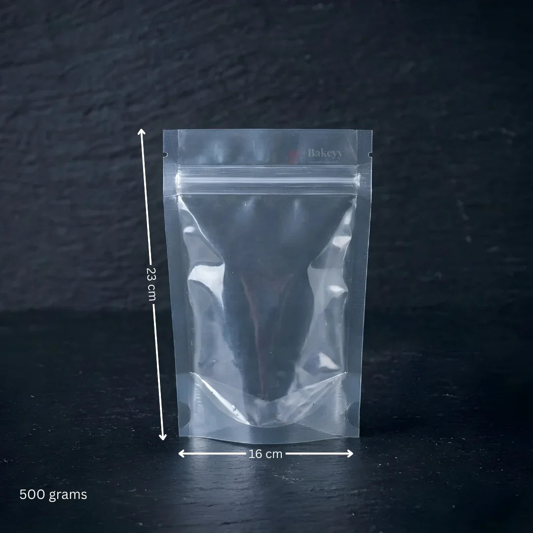 Clear standing pouch for 500 grams, 23x16 cm, ideal for baking supplies packaging from Bakeyy