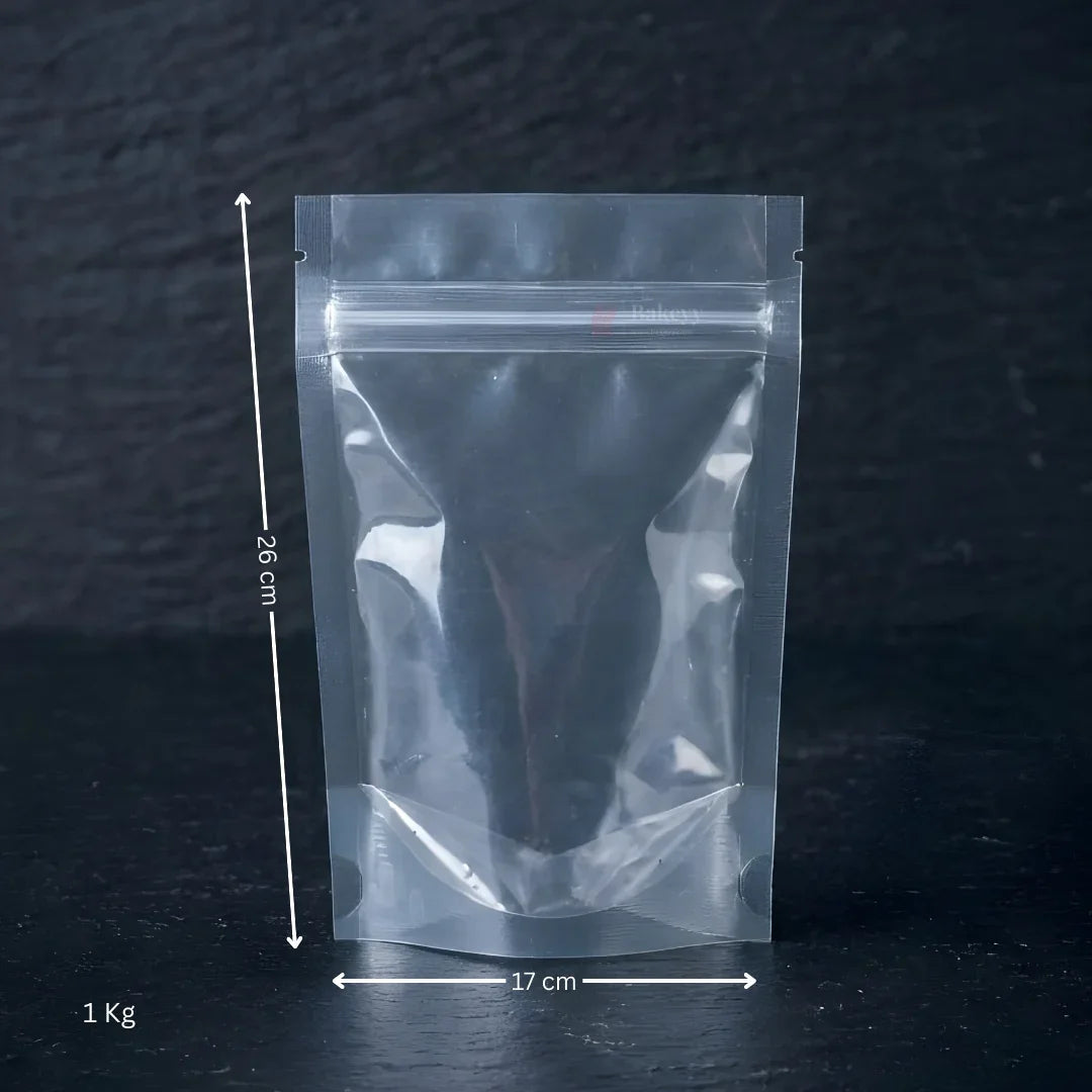 Clear standing pouch 1kg, 26x17 cm, resealable packaging for baking supplies from Bakeyy