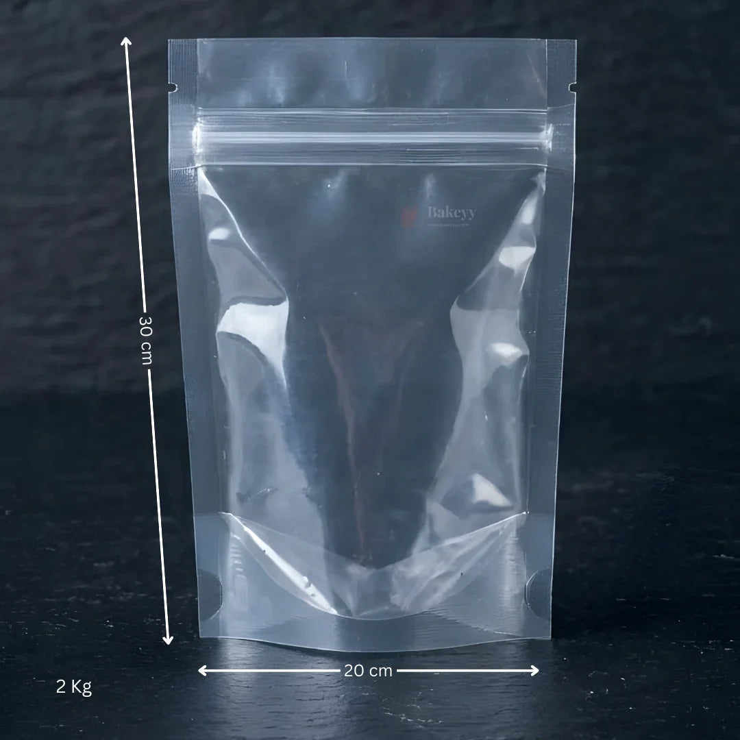 Clear standing pouch 30x20 cm, 2 kg capacity, resealable bag for baking supplies from Bakeyy