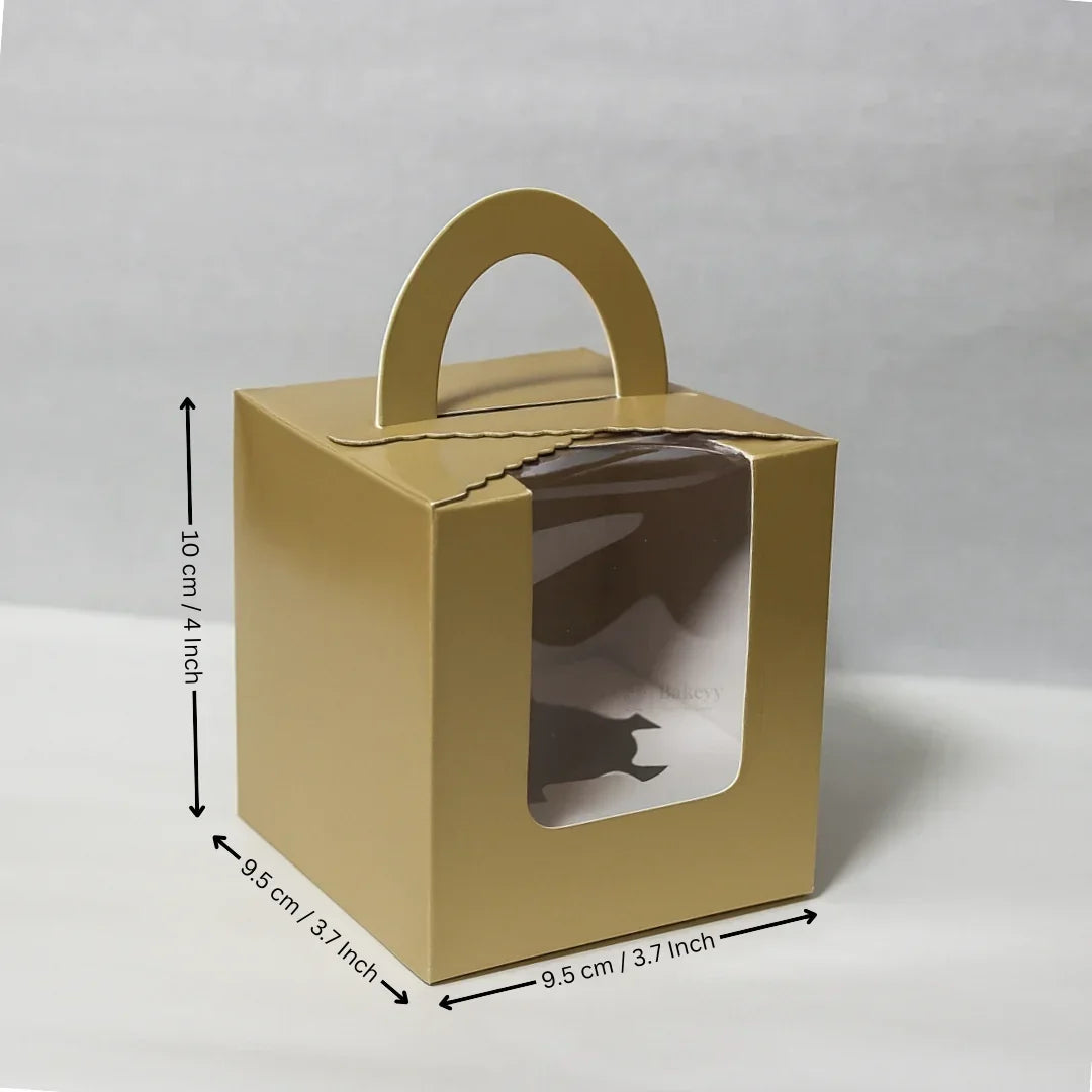 Gold cupcake box with window and handle, 10x9.5x9.5 cm, for bakery packaging Bakeyy
