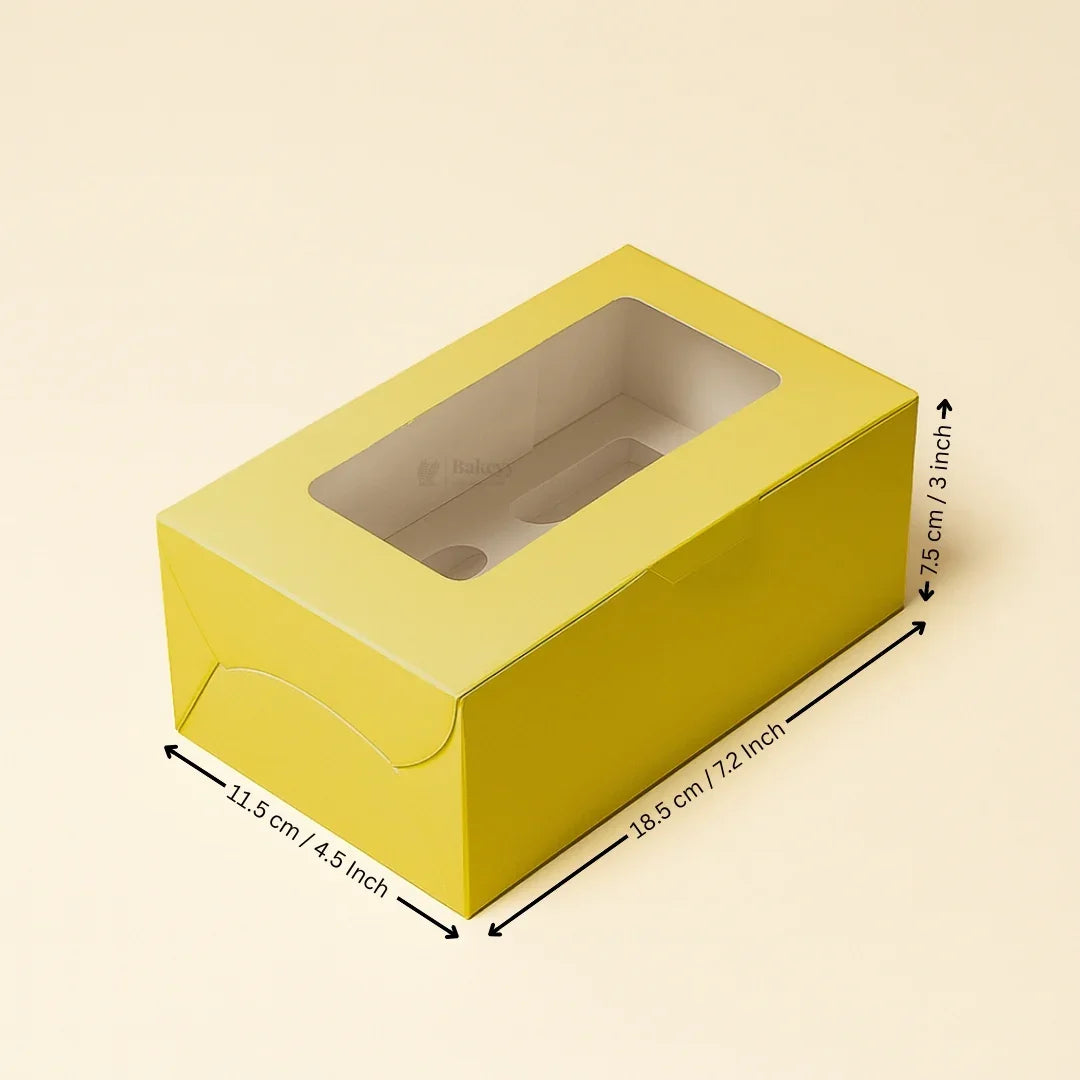 Yellow cupcake box with clear window, 18.5x11.5x7.5 cm, ideal for bakery packaging at Bakeyy.com