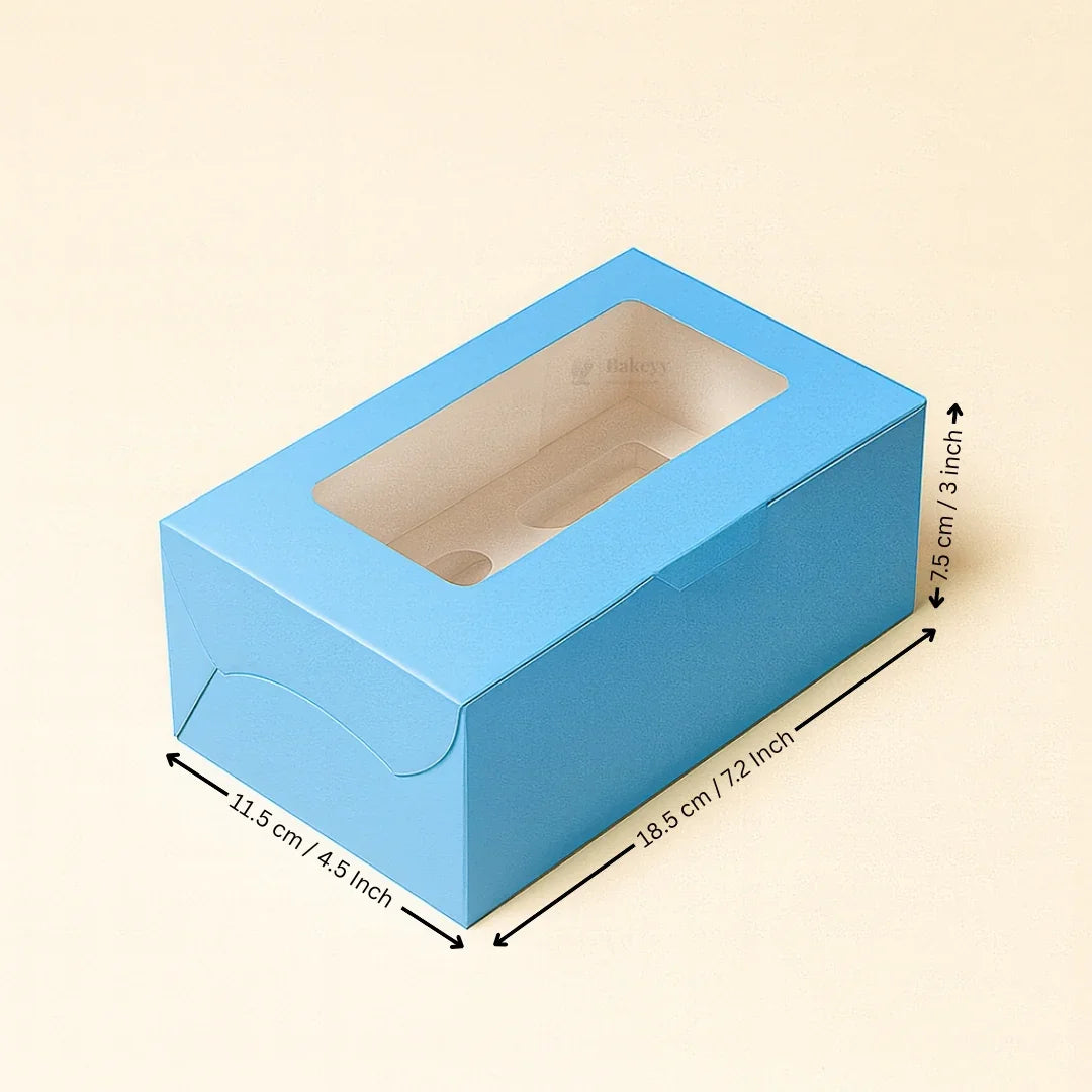 Blue cupcake box with clear window, bakery packaging, Bakeyy, 18.5x11.5x7.5 cm