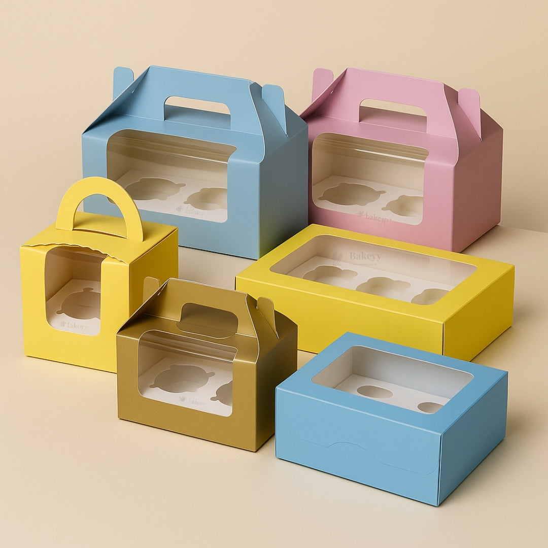 Color Cupcake Boxes With Handle | Christmas Style Cupcake Boxes | Multi-Colour Festive Boxes | Pack of 10