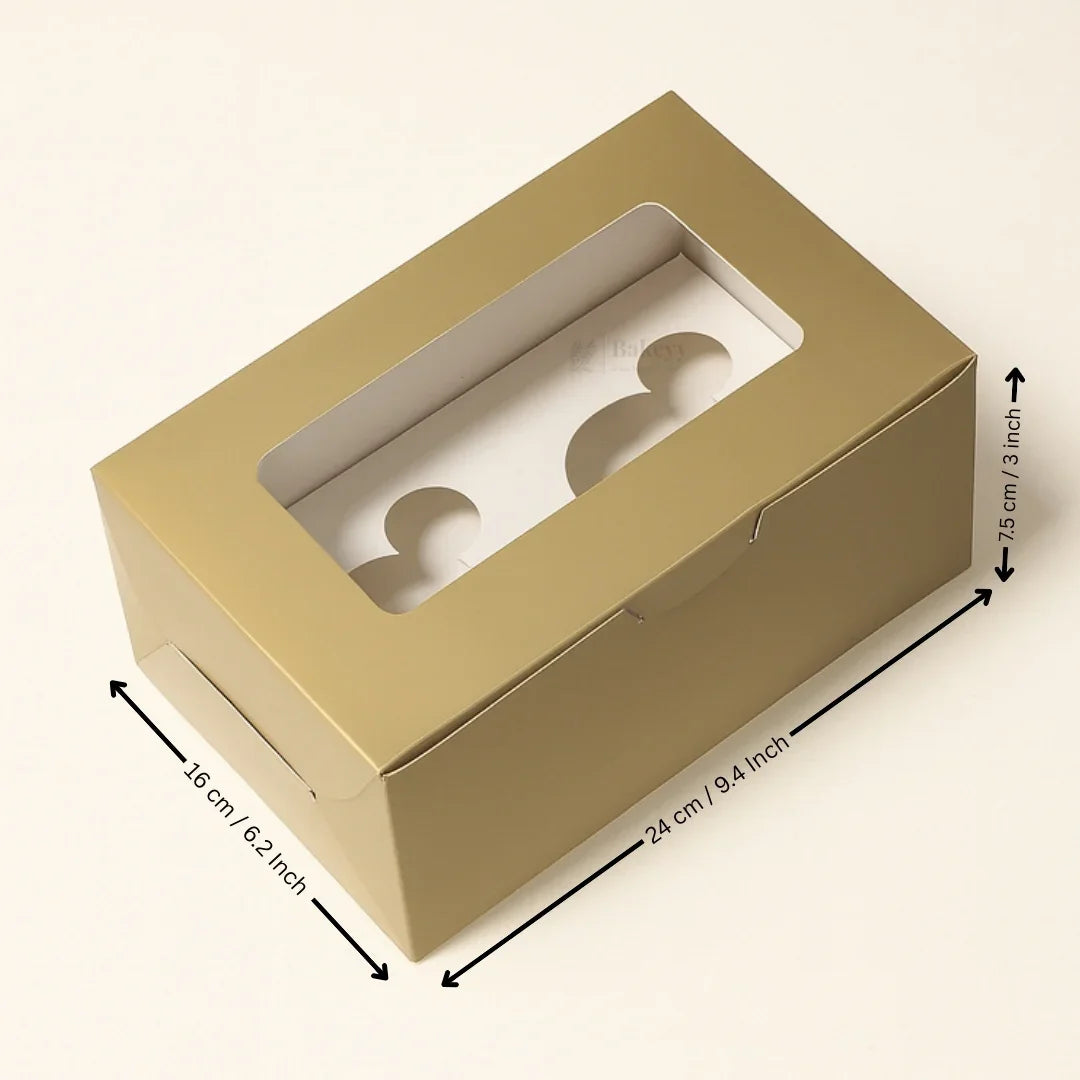 Gold cupcake box with clear window, 24x16x7.5 cm, baking packaging from Bakeyy.com